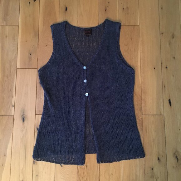 Vintage Colour Works Blue Sleeveless Mother of Pearl Button Knit Cardigan - Picture 10 of 14